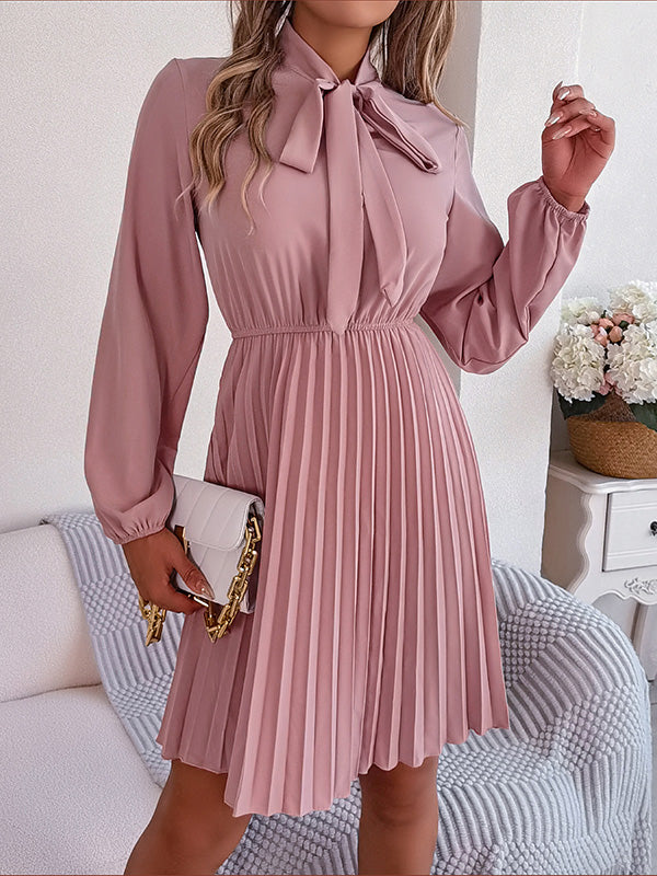 Pleated Solid Color Tied Long Sleeves Loose Mock Neck Mini Dresses