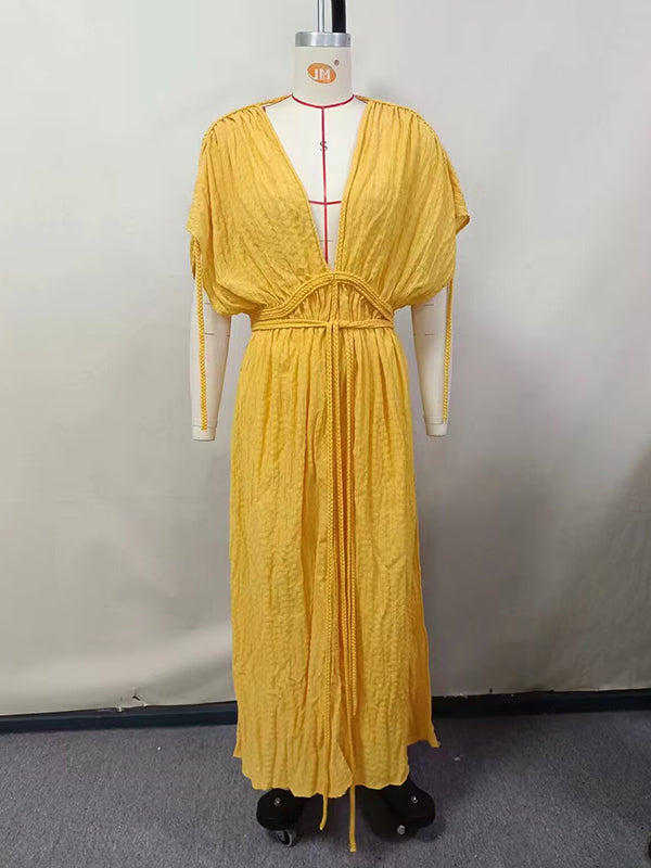 Solid Color V-Neck Bandage Loose Pleated Elegant Maxi Dresses