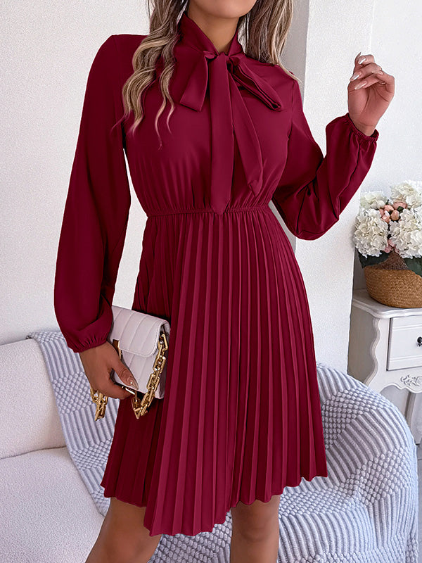 Pleated Solid Color Tied Long Sleeves Loose Mock Neck Mini Dresses