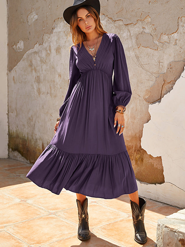 Vacation Puff Sleeves A-Line Solid Color Deep V-Neck Midi Dresses
