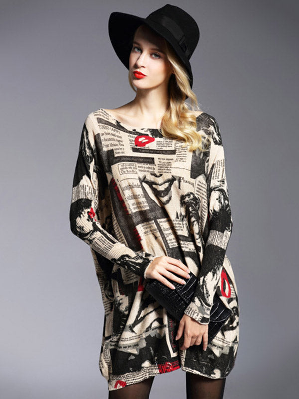 Urban Loose One-Shoulder Printed Split-Joint Sweater
