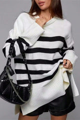 Oversized Contrast Stripe Long Sleeve Knit Sweater