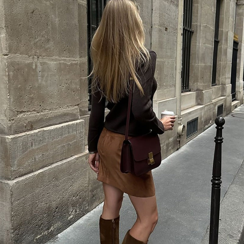 Braun Retro Rock Frauen Mode Schlank Hohe Taille Gerade Kurzen Rock Sommer Y2k Büro Dame Patchwork Solide Kurzen Rock 
