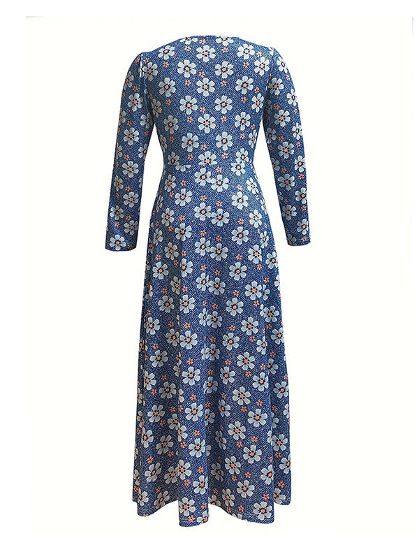 A-Line Long Sleeves Flower Print Split-Joint Deep V-Neck Maxi Dresses