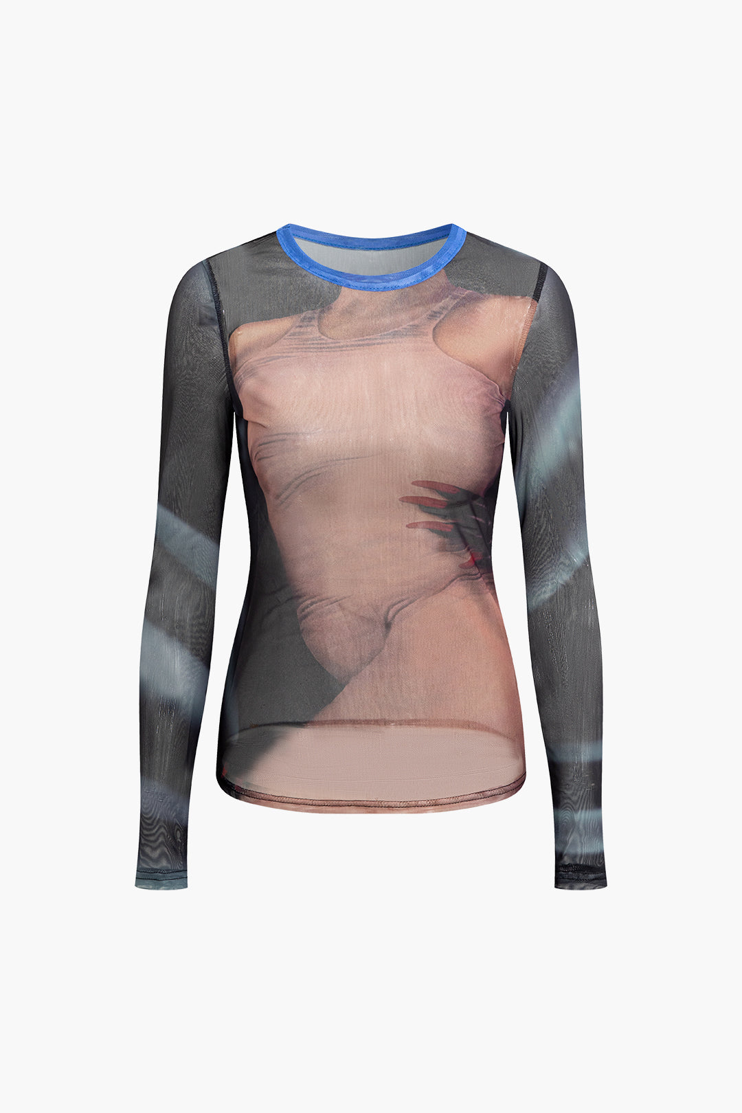 Body Print Mesh Long Sleeve Top