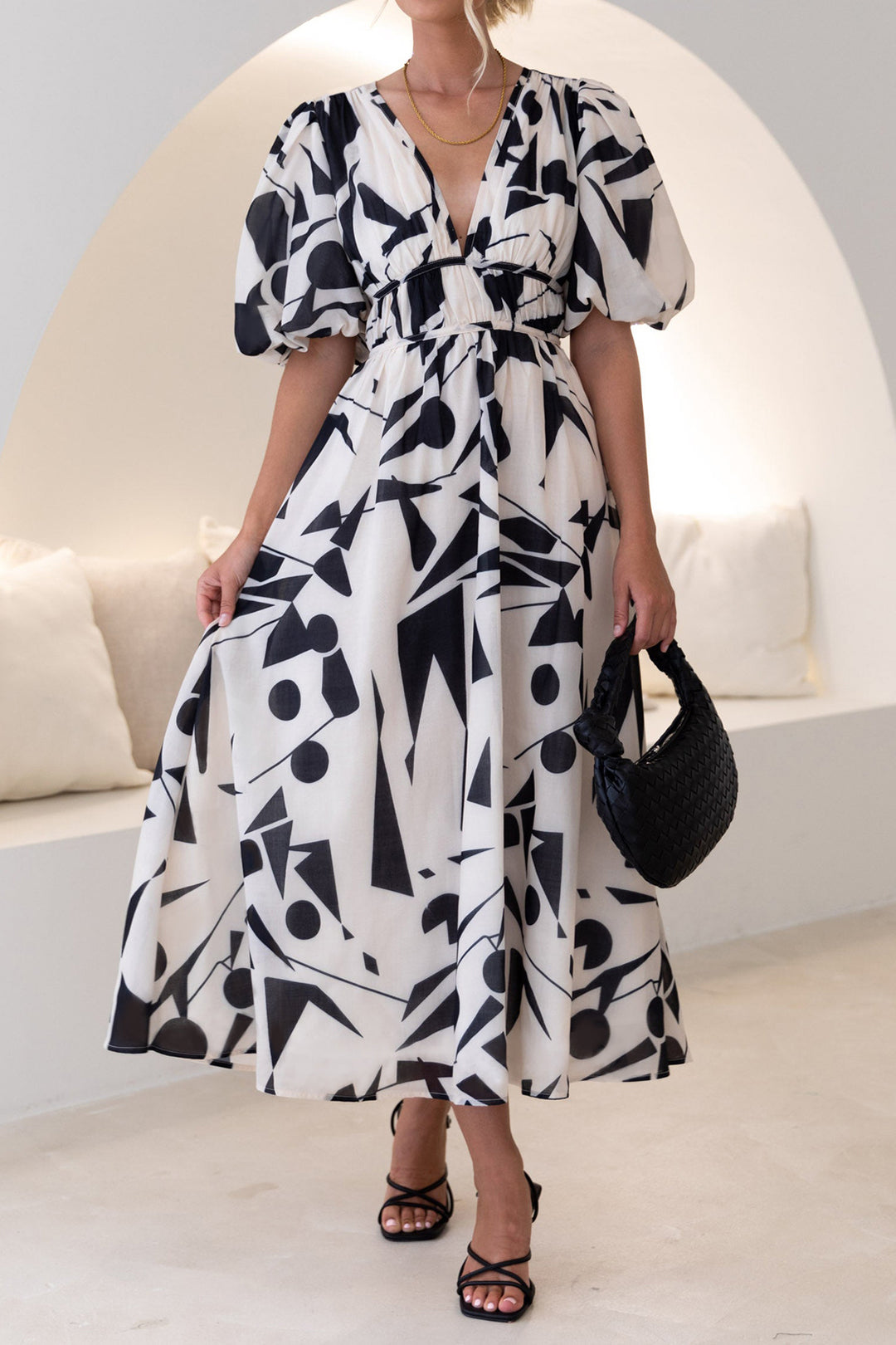 Abstract Print V-neck Midi Dress