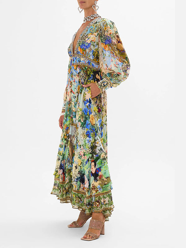 Floral Printed Long Sleeves Ruffled Elegant Maxi Dresses