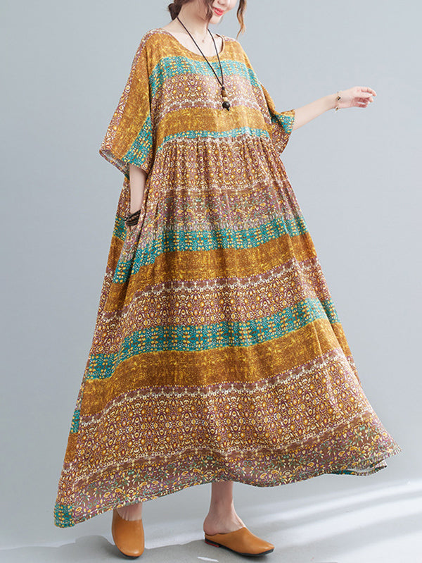 Batwing Sleeves Raglan Sleeve Printed Striped Round-Neck Midi Dresses