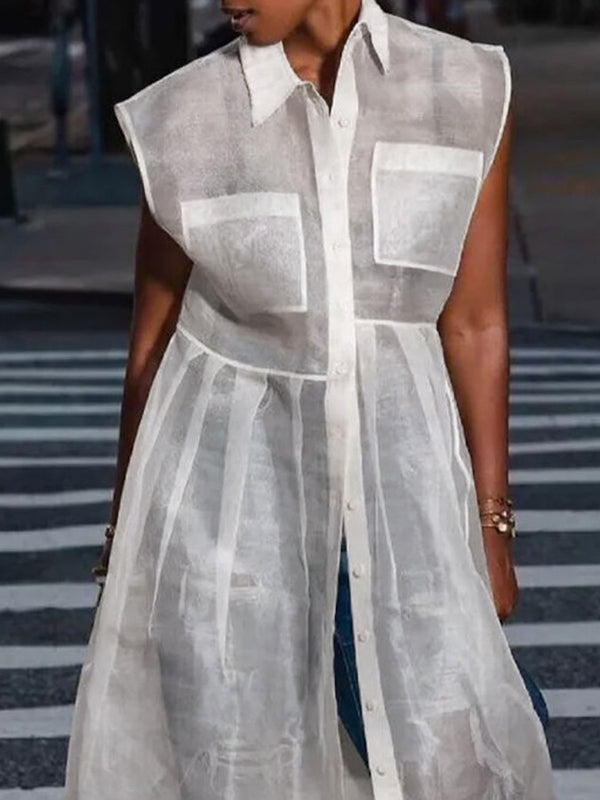 Cap Sleeve Loose Buttoned Pockets See-Through Split-Joint Transparent Lapel Midi Dresses Shirt Dress