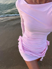 Elegant Ruched Floral Applique Mini Dress Women's Long Sleeve Sexy Slim Fit Patchwork Wrap Club Party Dresses VestidoChristmas Gifts