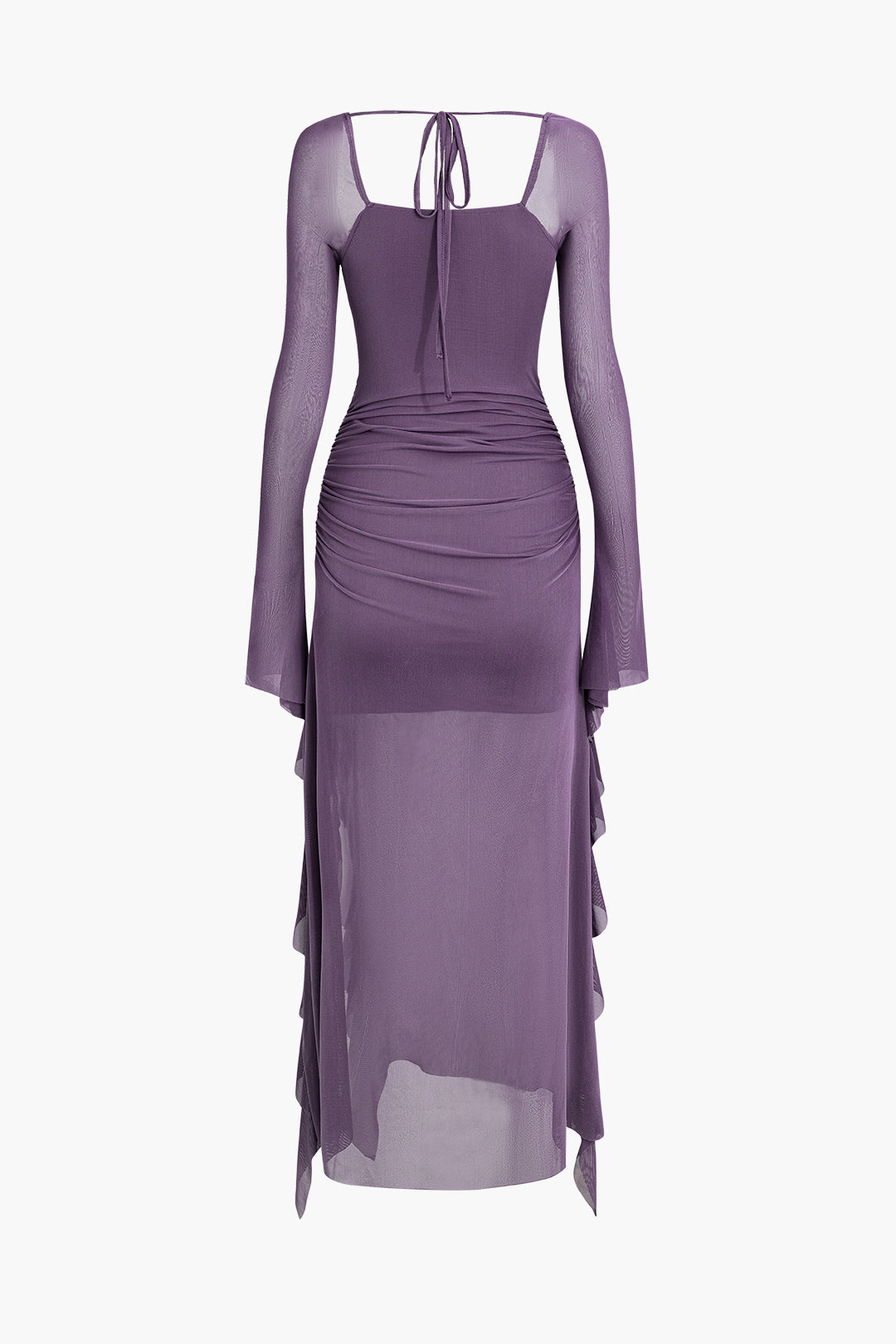 Gerüschtes Midikleid aus Netzstoff mit quadratischem Ausschnitt und Rüschenband 