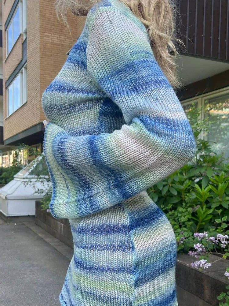 Striped Printed Knit Dress Cover Ups For Women Long Sleeve Loose Knitted Beach Swimwear Cover Ups Dress Backless KnitwearChristmas Gifts