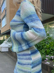 Striped Printed Knit Dress Cover Ups For Women Long Sleeve Loose Knitted Beach Swimwear Cover Ups Dress Backless KnitwearChristmas Gifts