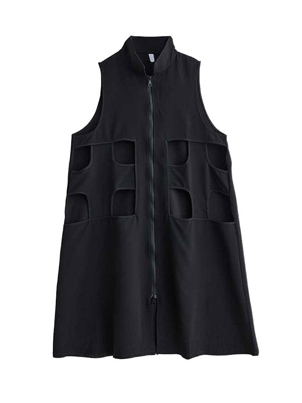 Hollow Solid Color Zipper Loose Sleeveless Lapel Midi Dresses