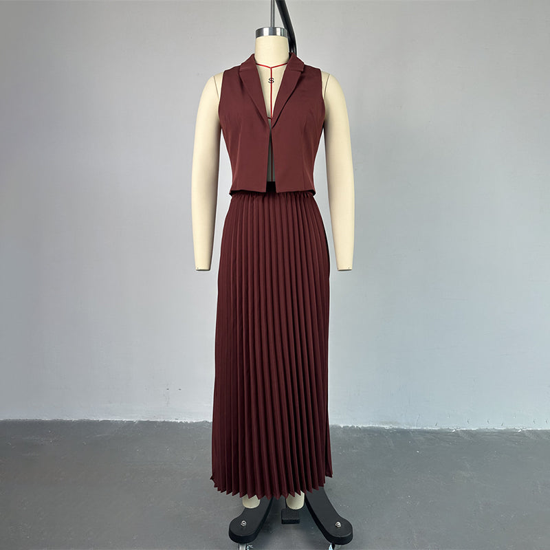 TRAUXY Sommer Neue Plissee Rock Anzug Für Frauen Schlank Ärmellose Kurze Weste Top Solide Lange Rock Hohe Taille Mode Zwei Stücke SetWeihnachten Geschenke 