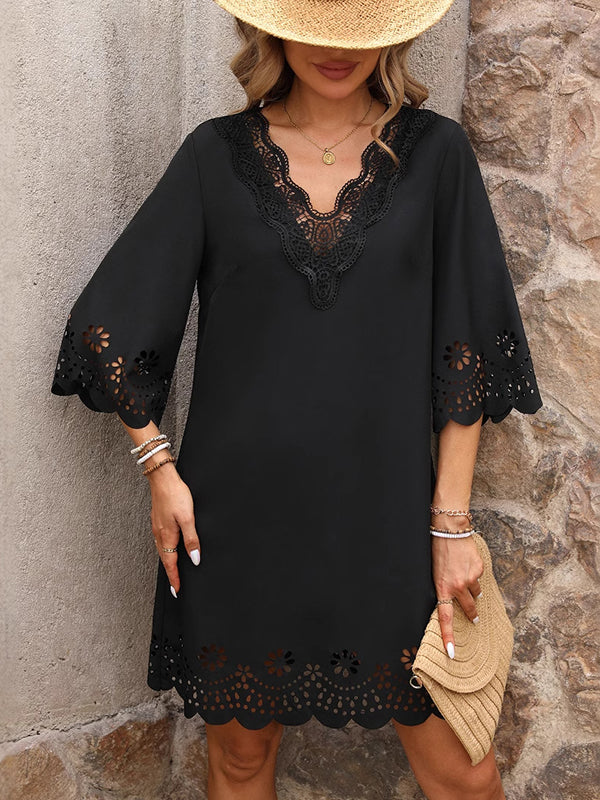 A-Line Half Sleeves Hollow Solid Color Split-Joint V-Neck Mini Dresses