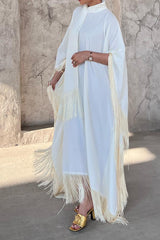 Tassel Trim Long Sleeve Maxi Dress With Scarf