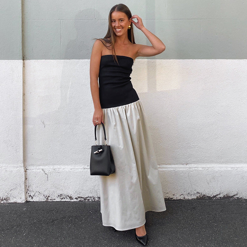 Clash Color Strapless Maxi Dress For Women Summer Sexy Off Shoulder Patchwork Backless Sleeveless Beach Dress Female 2025Christmas Gifts