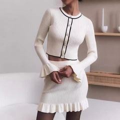 Strickrock-Set Damen Elegant O-Ausschnitt Langarm Cardigan Top Schlank Retro Kurz A-Linien-Rock Strick-Rüschenrock-Set 