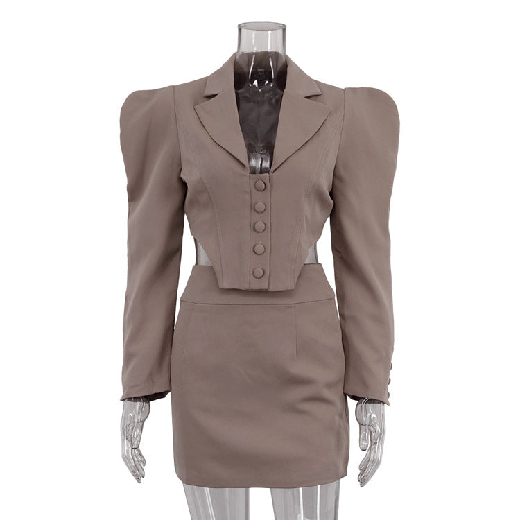 Fall New Mini Skirt Suit Long Sleeve Lapel Fishbone Top Hip-Covering Skirt Sexy Bodycon Two-Piece Commuting Sets Female