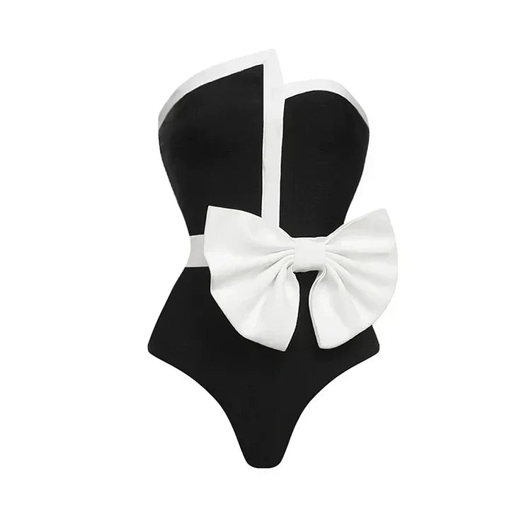 2024 Vintage Swimsuit  Black Off Shoulder Bow Tie One Piece and Skirt Swimwear Set Women  Vacation Beachwear Luxury Bathing Suit