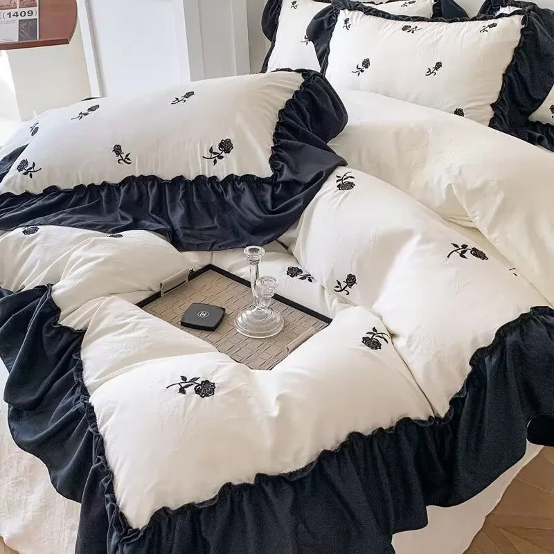 French Princess Style Bedding Sets Hepburn Style Bow Quilt Cover Romantic Bedclothes Decor Woman Girls Bedroom Duvet Cover 4pcs