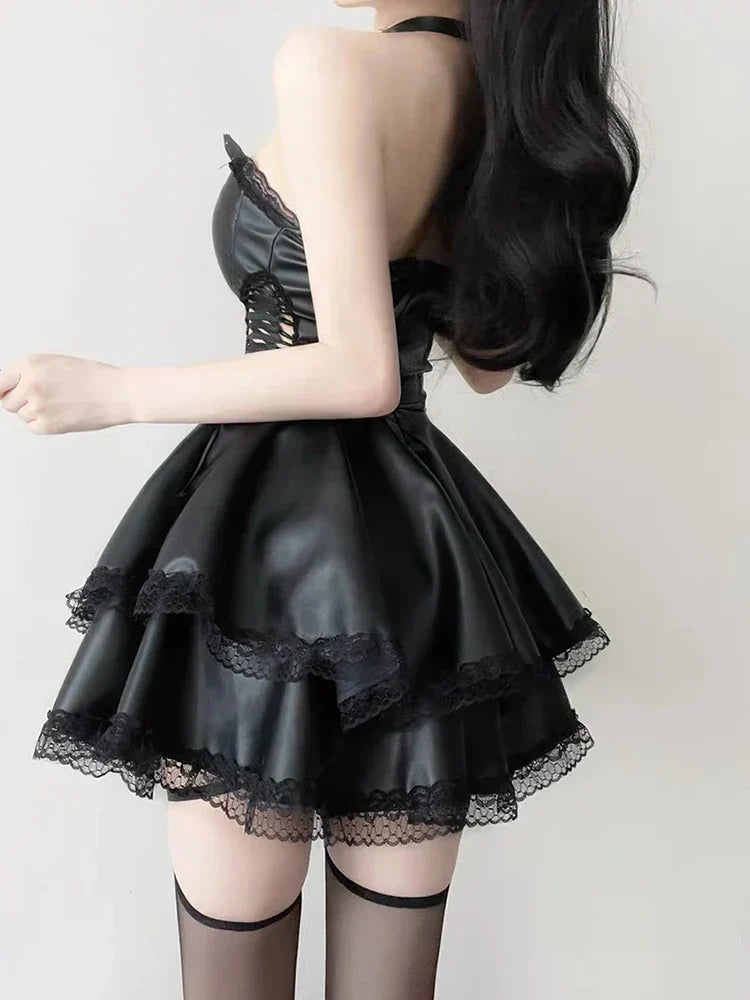 90s Vintage Gothic Black Party Hollow Out High Waist Lace-up Corset Mini Dress