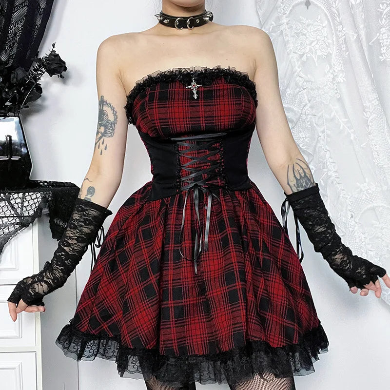 Gothic Kontrast Trägerloses Tube Top Figurbetontes Vintage Schnürkleid mit ärmellosem Besatz in A-Linie