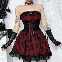 Gothic Kontrast Trägerloses Tube Top Figurbetontes Vintage Schnürkleid mit ärmellosem Besatz in A-Linie
