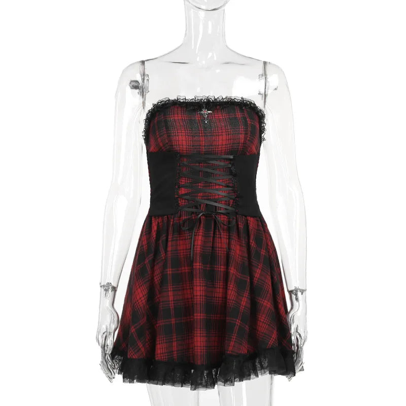 Gothic Kontrast Trägerloses Tube Top Figurbetontes Vintage Schnürkleid mit ärmellosem Besatz in A-Linie