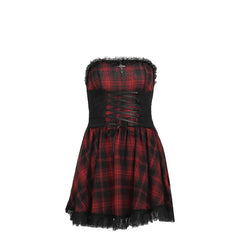 Gothic Kontrast Trägerloses Tube Top Figurbetontes Vintage Schnürkleid mit ärmellosem Besatz in A-Linie