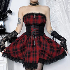 Gothic Kontrast Trägerloses Tube Top Figurbetontes Vintage Schnürkleid mit ärmellosem Besatz in A-Linie