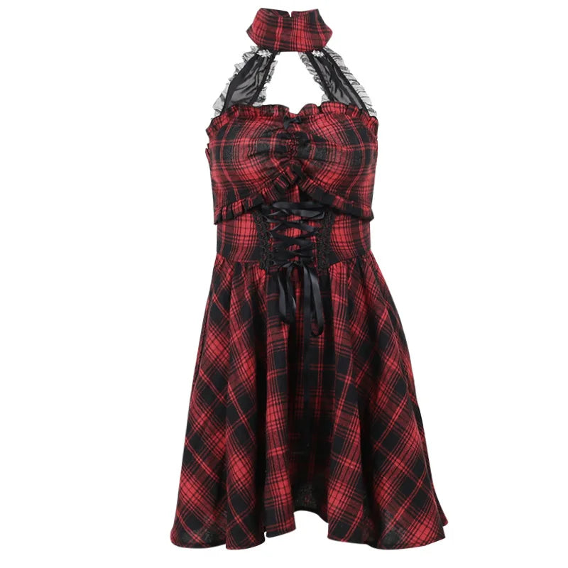 Gothic Halter Neck Sleeveless Vintage Plaid Mall Goth High Waist A line Swing Backless Dress