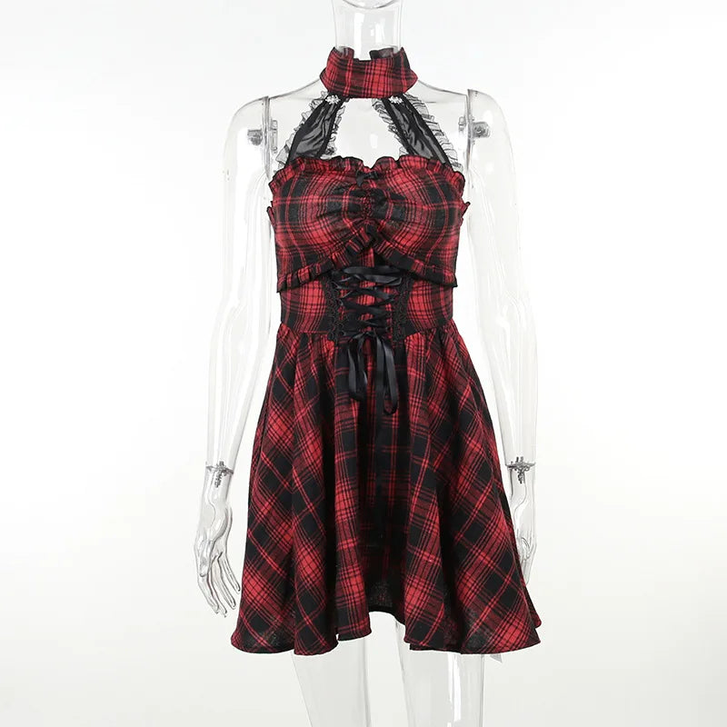 Gothic Halter Neck Sleeveless Vintage Plaid Mall Goth High Waist A line Swing Backless Dress