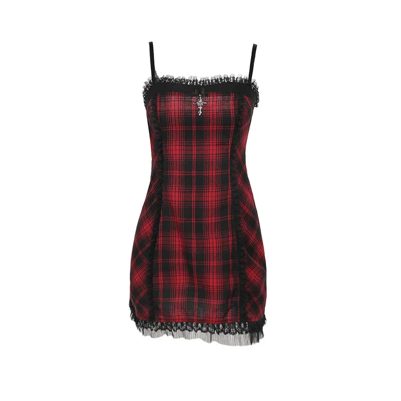 Gothic High Waist Plaid Halter Vintage Retro Grunge Aesthetics Contrast Swing Party Dress