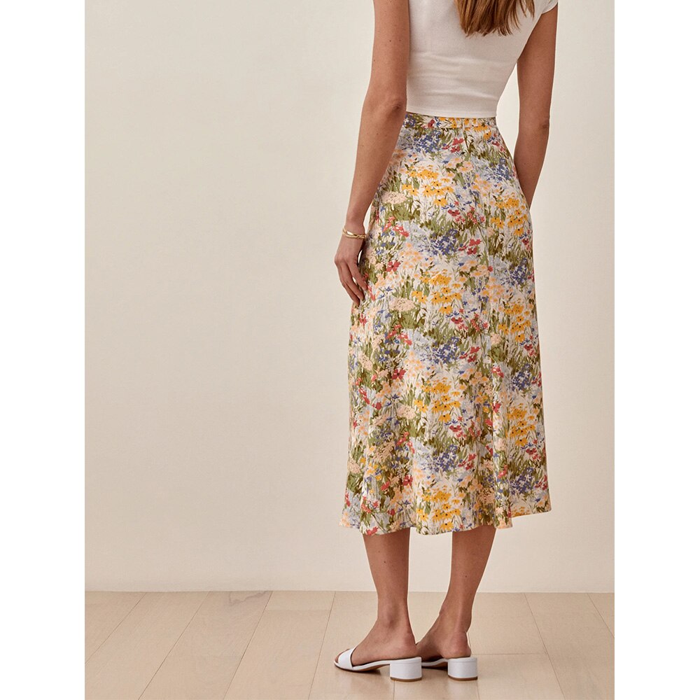 Röcke Damen Hohe Taille Vintage Blumendruck Sommerrock Rückenreißverschluss Eleganter Chiffon Midi Langer Rock Damen Kleidung