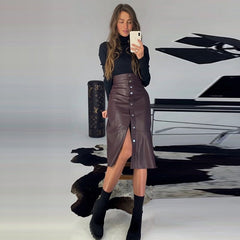 Casual Single-Breasted PU Leather A-Line Midi Skirts Autumn Winter Home Wear Warm Office Lady Skirts New Arrival