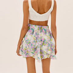 2023 Summer Beach Style Elastic Holiday Floral Ruffle Woman Skirtss Beach Vocation Ladies Mini Skirts