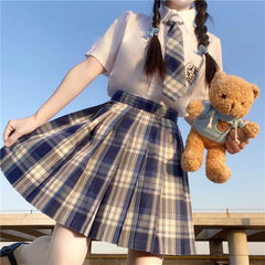 Japanese Jk School Y2K High Waist Pleated Skirt Bear Sweet A-Line Cute Uniforms Student Plaid Vintage Kawaii Mini Women Skirts