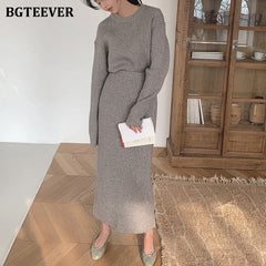 Casual Women Knitted Skirt Set O-Neck Full Sleeve Pullovers Elastic Waist Skirts 2022 Autumn Winter Women Sweater Set