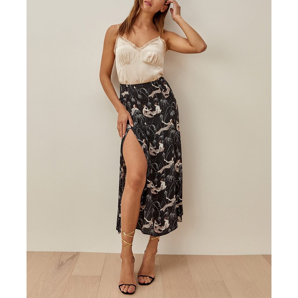 Sommer Lange Röcke Frauen Neue Elegante Vintage Gedruckt Midi Rock Frauen Sexy Party Seite Hoher Schlitz Hohe Taille A Linie rock