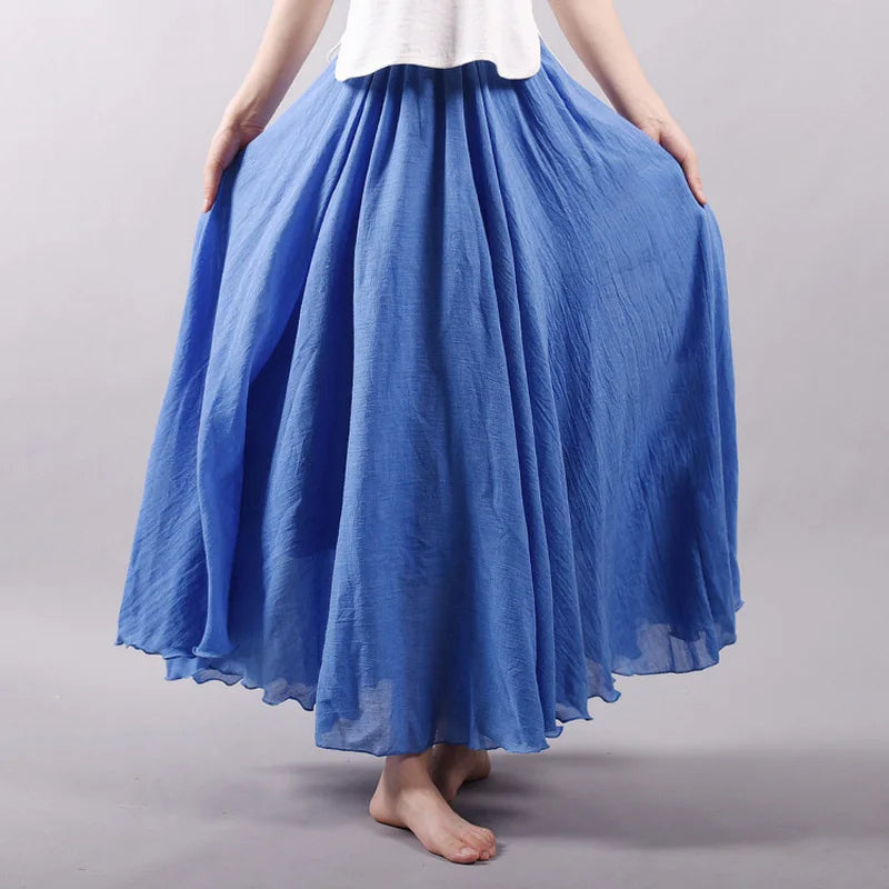 Elegante Maxiröcke aus Leinen für Frauen mit hoher Taille 2024 Sommer Damen Casual Elastische Taille 2 Schichten Röcke Saia Feminina