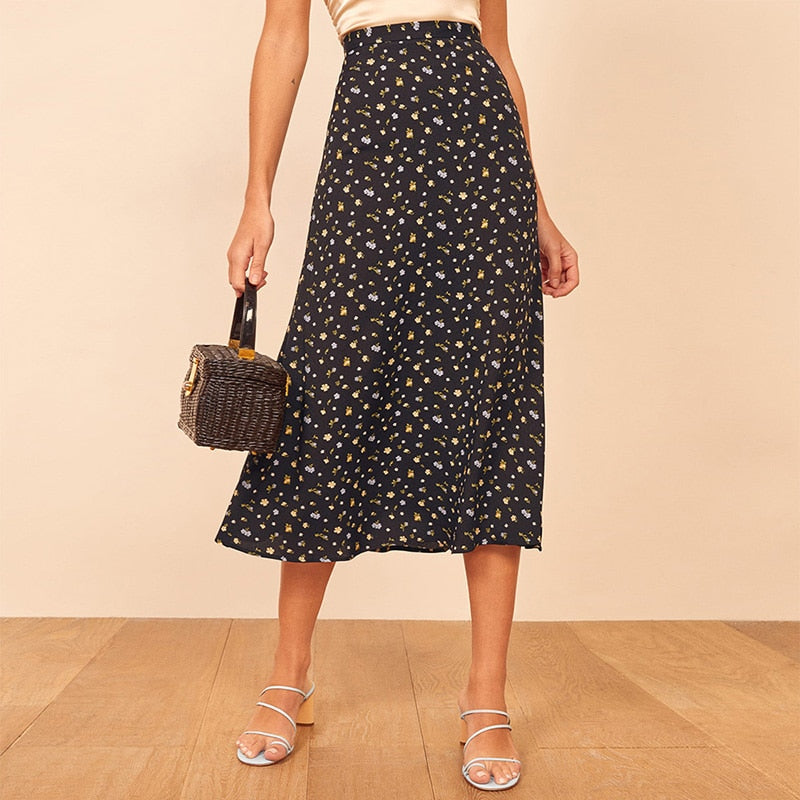 Lange Röcke für Frauen Vintage Blumendruck Rock Elegante Bürodame Hohe Taille Röcke Damen Sommer Chiffon Midirock