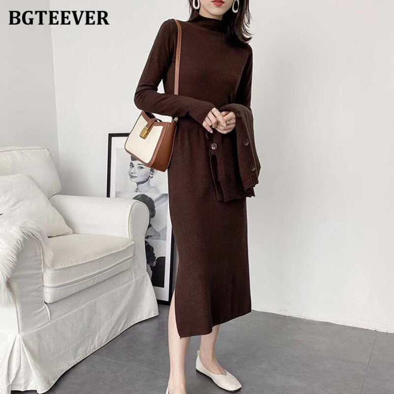 Herbst Winter 3 Stück Strickset Damen O-Ausschnitt Westen &amp; Pullover &amp; Side Split Röcke 2022 Warmes Damenpullover Set