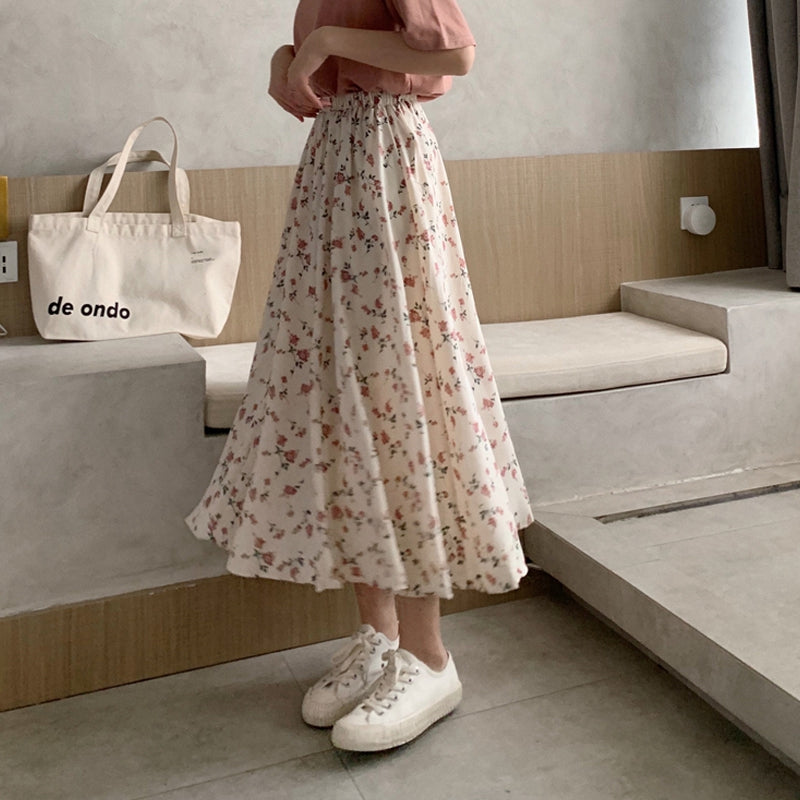 Zurück zum College Vintage Blumendruck A-Linie Plissee Lange Röcke Sommer Damen 2024 Koreanischer Rock Streetwear Kordelzug Elastische Taille Midirock 