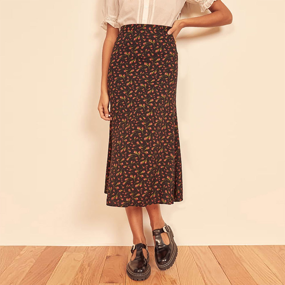 Röcke Damen Hohe Taille Vintage Blumendruck Sommerrock Rückenreißverschluss Eleganter Chiffon Midi Langer Rock Damen Kleidung