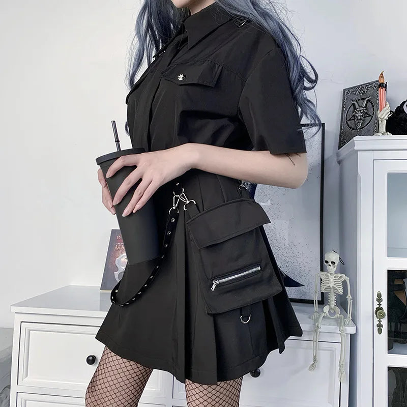 Harajuku Punk Gothic Schwarz Hohe Taille Schwarze Röcke Frauen Sexy Patchwork Bandage Mini Rock Weibliche Streetwear Sommer Chie