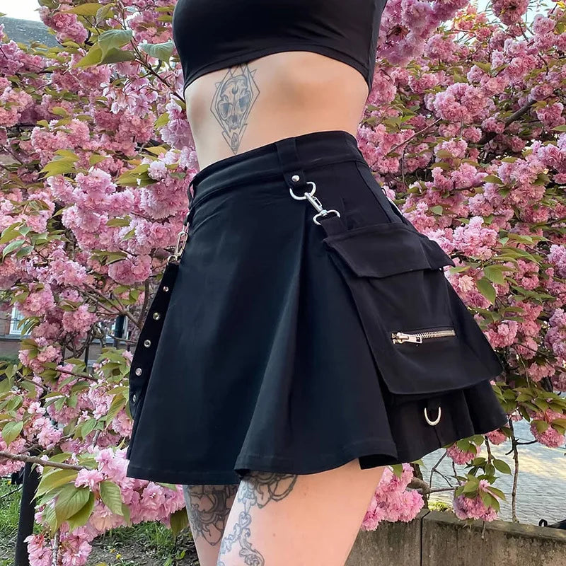 Harajuku Punk Gothic Schwarz Hohe Taille Schwarze Röcke Frauen Sexy Patchwork Bandage Mini Rock Weibliche Streetwear Sommer Chie