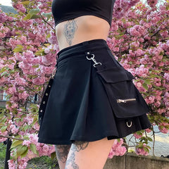 Harajuku Punk Gothic Schwarz Hohe Taille Schwarze Röcke Frauen Sexy Patchwork Bandage Mini Rock Weibliche Streetwear Sommer Chie