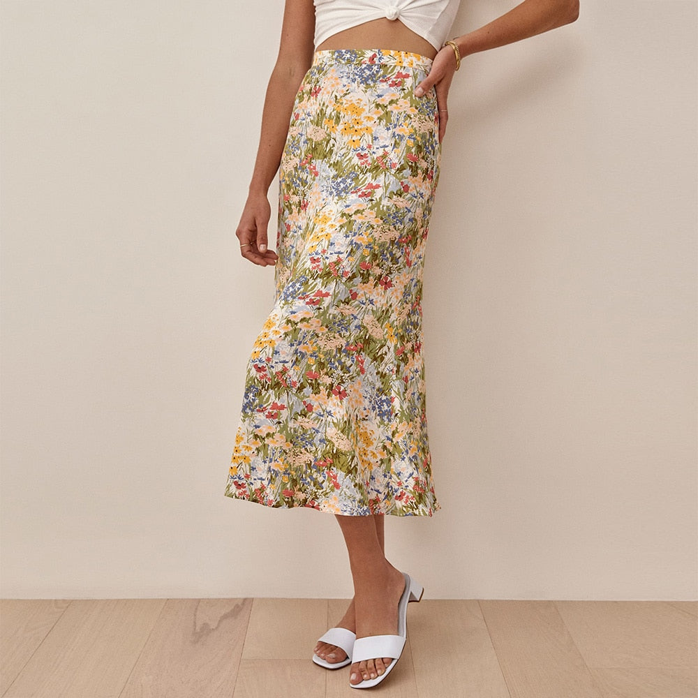 Sommerrock Strandurlaub Lässiger Daisy-Blumenrock Hohe Taille Eleganter Midirock Damenkleidung Reißverschluss Hinten Lange Röcke